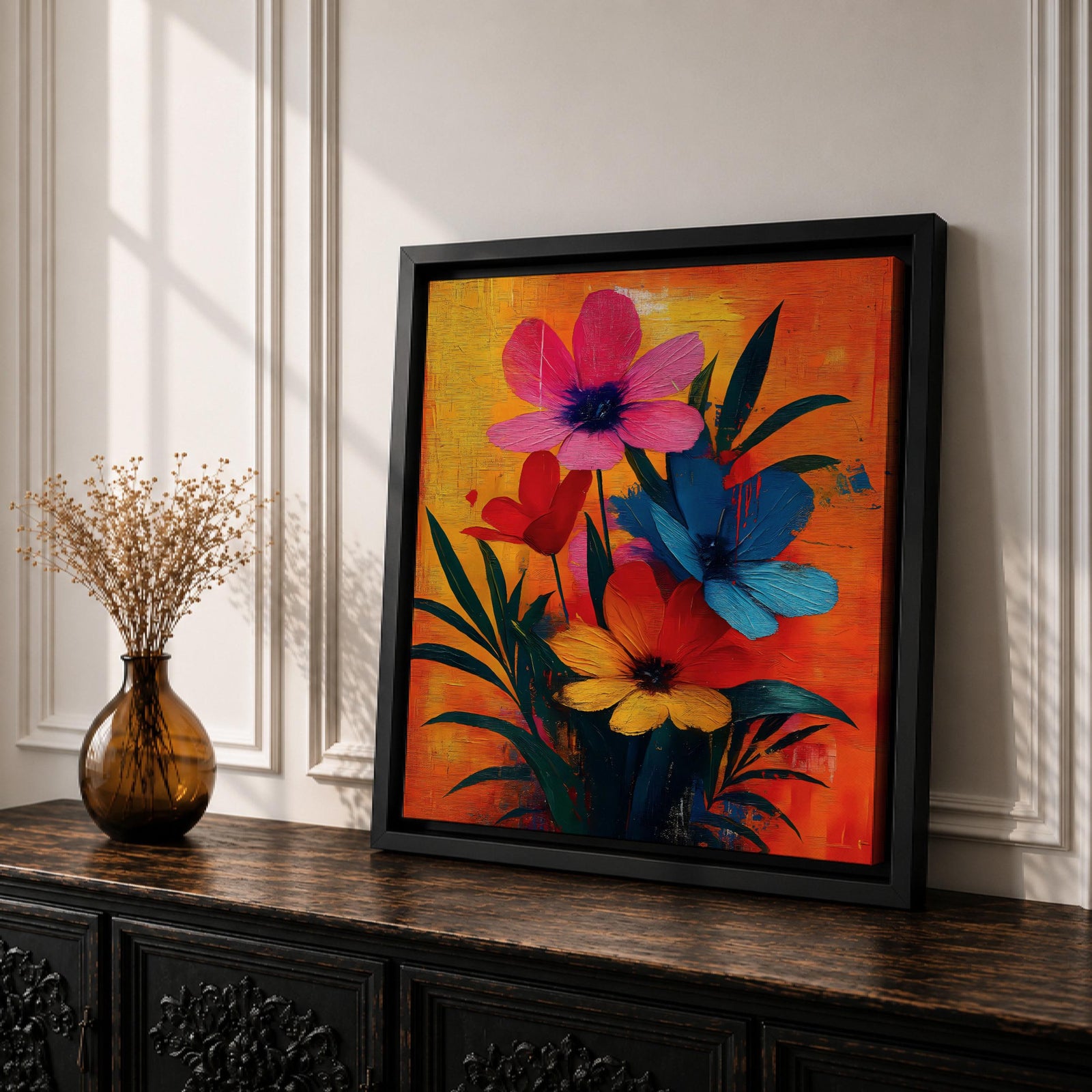 Cosmos Flower Wall Art Modern Floral Painting Framed Canvas Botanical Home Decor