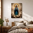 Painting of the Virgin Mary standing in prayer with hands clasped and head bowed, wearing a flowing blue robe and white veil, surrounded by a radiant golden halo and soft glowing light while standing within a field of delicate white wildflowers in a devotional Marian composition.