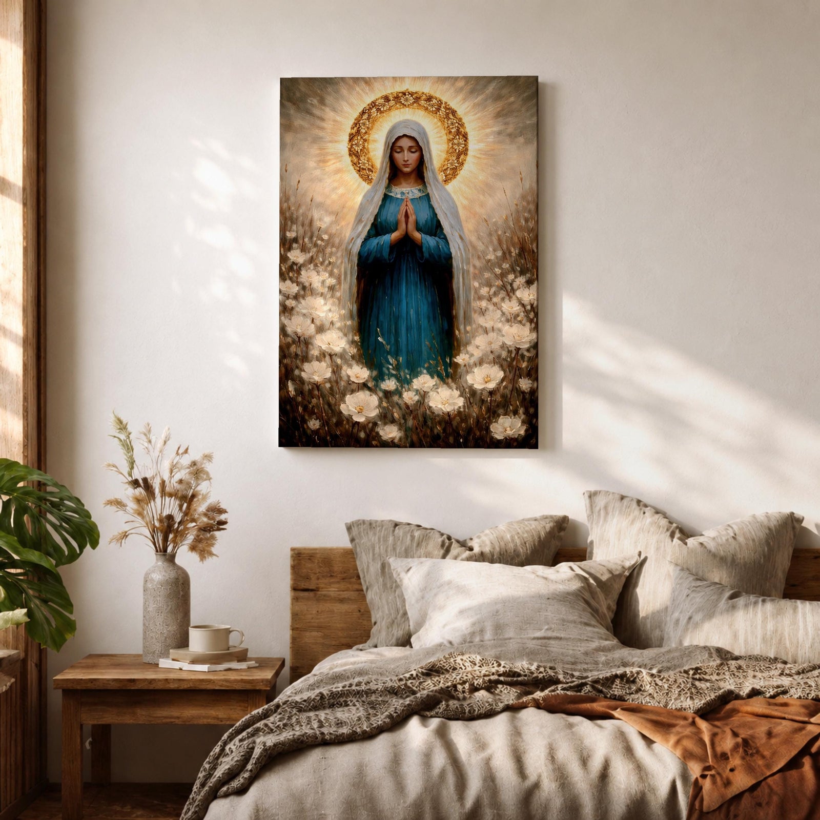 Painting of the Virgin Mary standing in prayer with hands clasped and head bowed, wearing a flowing blue robe and white veil, surrounded by a radiant golden halo and soft glowing light while standing within a field of delicate white wildflowers in a devotional Marian composition.