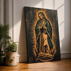 Painting of Our Lady of Guadalupe standing in prayer with hands clasped, wearing a star covered mantle and flowing robe, surrounded by radiant golden rays forming a mandorla halo while standing on a crescent moon, rendered in a traditional Catholic devotional style inspired by the iconic Guadalupe image.