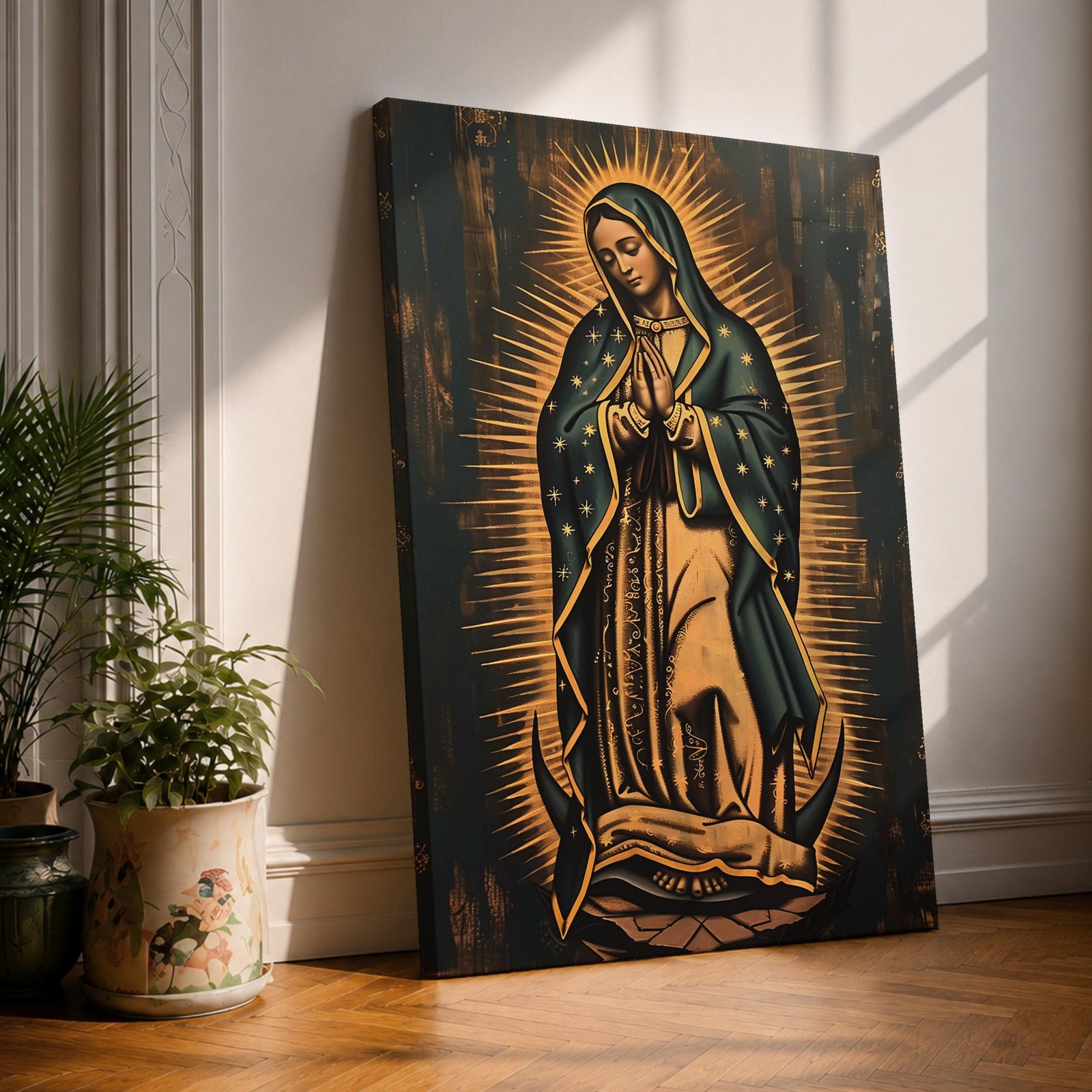Painting of Our Lady of Guadalupe standing in prayer with hands clasped, wearing a star covered mantle and flowing robe, surrounded by radiant golden rays forming a mandorla halo while standing on a crescent moon, rendered in a traditional Catholic devotional style inspired by the iconic Guadalupe image.