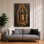 Painting of Our Lady of Guadalupe standing in prayer with hands clasped, wearing a star covered mantle and flowing robe, surrounded by radiant golden rays forming a mandorla halo while standing on a crescent moon, rendered in a traditional Catholic devotional style inspired by the iconic Guadalupe image.