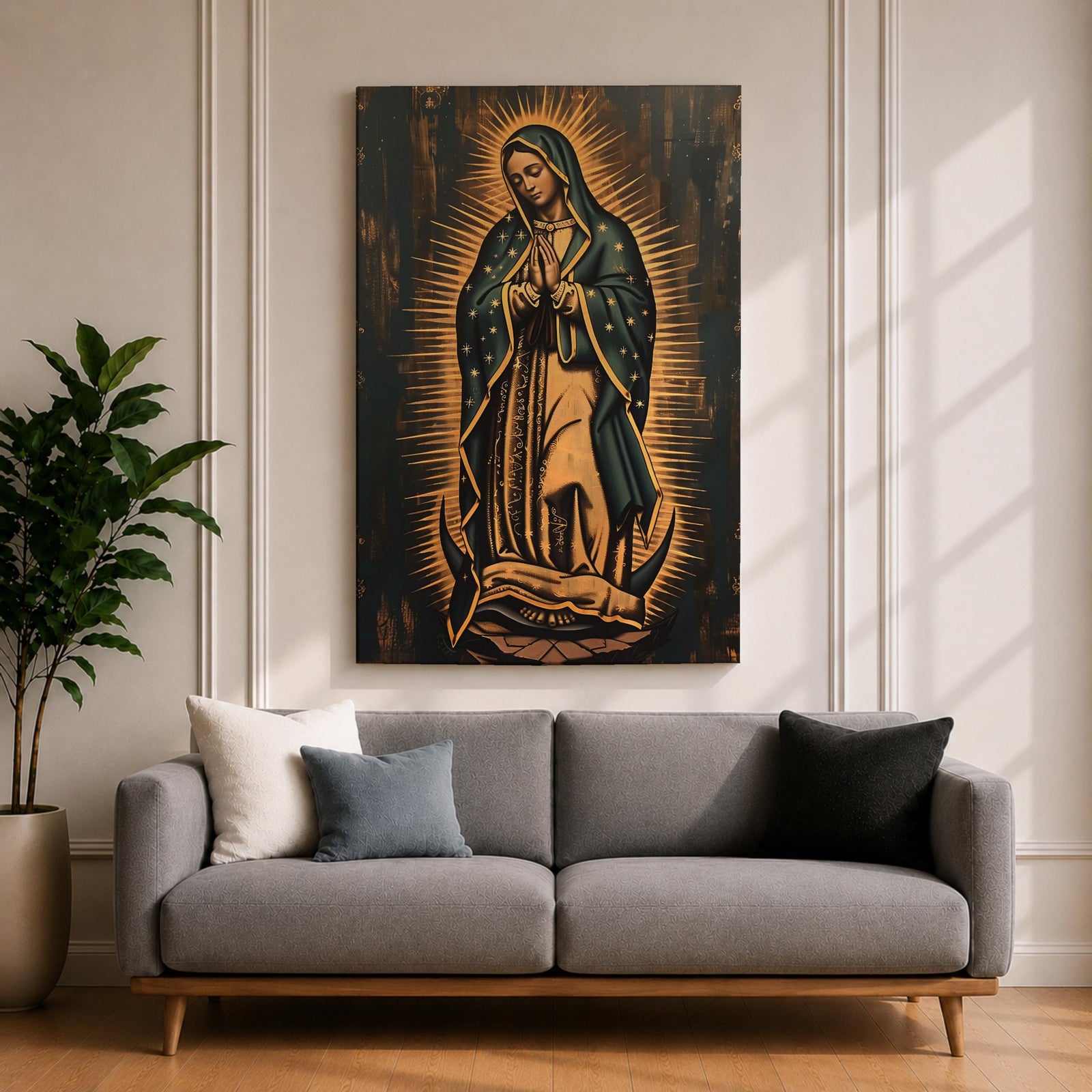 Painting of Our Lady of Guadalupe standing in prayer with hands clasped, wearing a star covered mantle and flowing robe, surrounded by radiant golden rays forming a mandorla halo while standing on a crescent moon, rendered in a traditional Catholic devotional style inspired by the iconic Guadalupe image.
