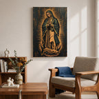 Painting of Our Lady of Guadalupe standing in prayer with hands clasped, wearing a star covered mantle and flowing robe, surrounded by radiant golden rays forming a mandorla halo while standing on a crescent moon, rendered in a traditional Catholic devotional style inspired by the iconic Guadalupe image.