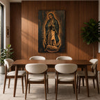 Painting of Our Lady of Guadalupe standing in prayer with hands clasped, wearing a star covered mantle and flowing robe, surrounded by radiant golden rays forming a mandorla halo while standing on a crescent moon, rendered in a traditional Catholic devotional style inspired by the iconic Guadalupe image.