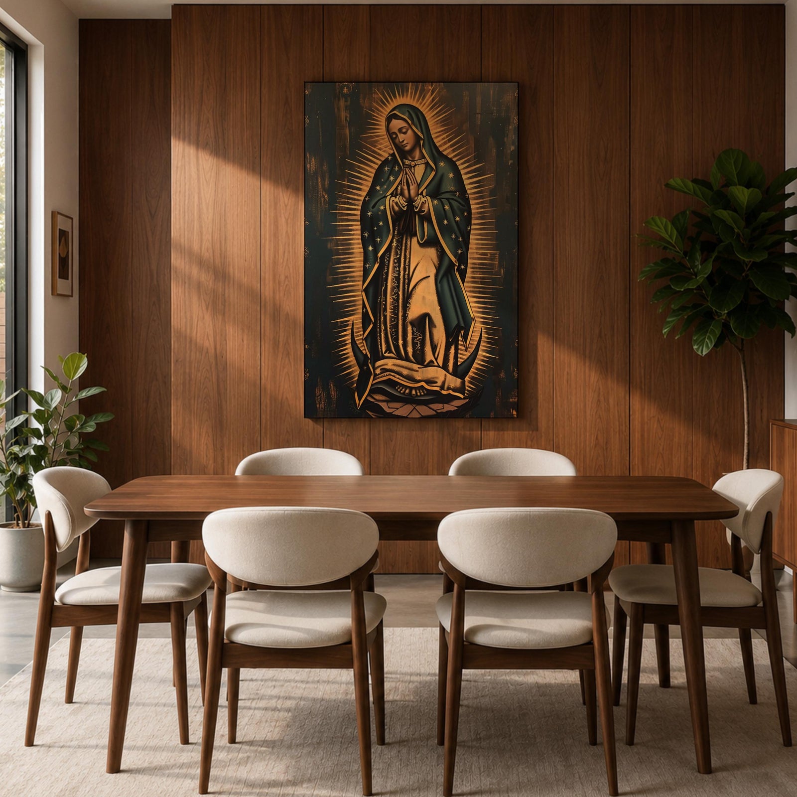 Painting of Our Lady of Guadalupe standing in prayer with hands clasped, wearing a star covered mantle and flowing robe, surrounded by radiant golden rays forming a mandorla halo while standing on a crescent moon, rendered in a traditional Catholic devotional style inspired by the iconic Guadalupe image.