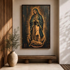 Painting of Our Lady of Guadalupe standing in prayer with hands clasped, wearing a star covered mantle and flowing robe, surrounded by radiant golden rays forming a mandorla halo while standing on a crescent moon, rendered in a traditional Catholic devotional style inspired by the iconic Guadalupe image.