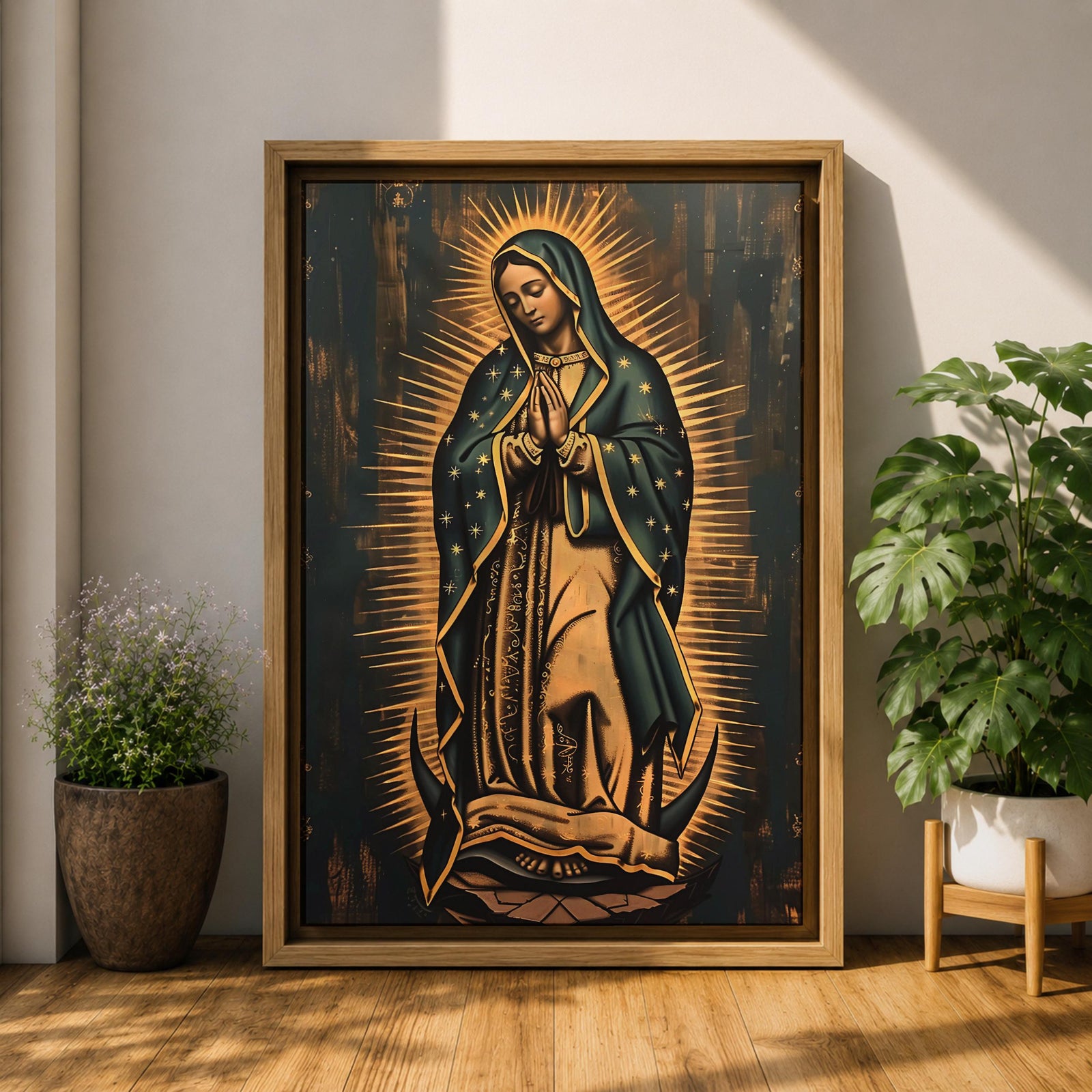 Painting of Our Lady of Guadalupe standing in prayer with hands clasped, wearing a star covered mantle and flowing robe, surrounded by radiant golden rays forming a mandorla halo while standing on a crescent moon, rendered in a traditional Catholic devotional style inspired by the iconic Guadalupe image.