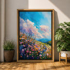 A vibrant impasto painting of a wildflower meadow featuring dense clusters of colorful flowers under a bright blue sky with fluffy clouds. The textured brushstrokes create depth and movement, capturing a lively natural landscape scene with rolling hills in the distance.