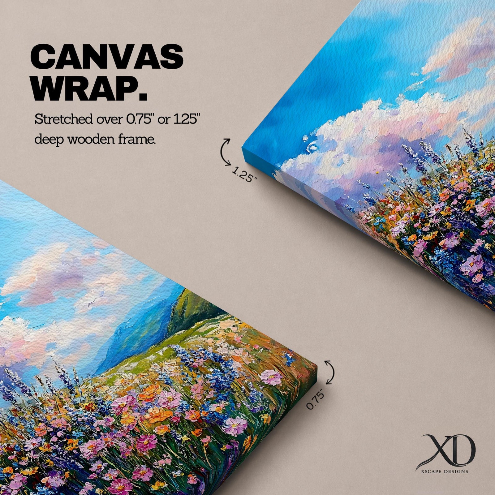 A vibrant impasto painting of a wildflower meadow featuring dense clusters of colorful flowers under a bright blue sky with fluffy clouds. The textured brushstrokes create depth and movement, capturing a lively natural landscape scene with rolling hills in the distance.