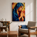 Stained glass style painting of the Virgin Mary shown in profile with head bowed and hands clasped in prayer, wearing a blue mantle and red garment, surrounded by geometric stained glass panels forming a radiant halo like background in a devotional Catholic Marian composition.