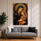 Byzantine style mosaic painting of the Virgin Mary holding the child Jesus, both with heads gently inclined and halos behind them, the child shown with hands clasped in prayer while Mary supports him, rendered with golden mosaic tiles and rich dark blue garments in a traditional Christian icon composition.