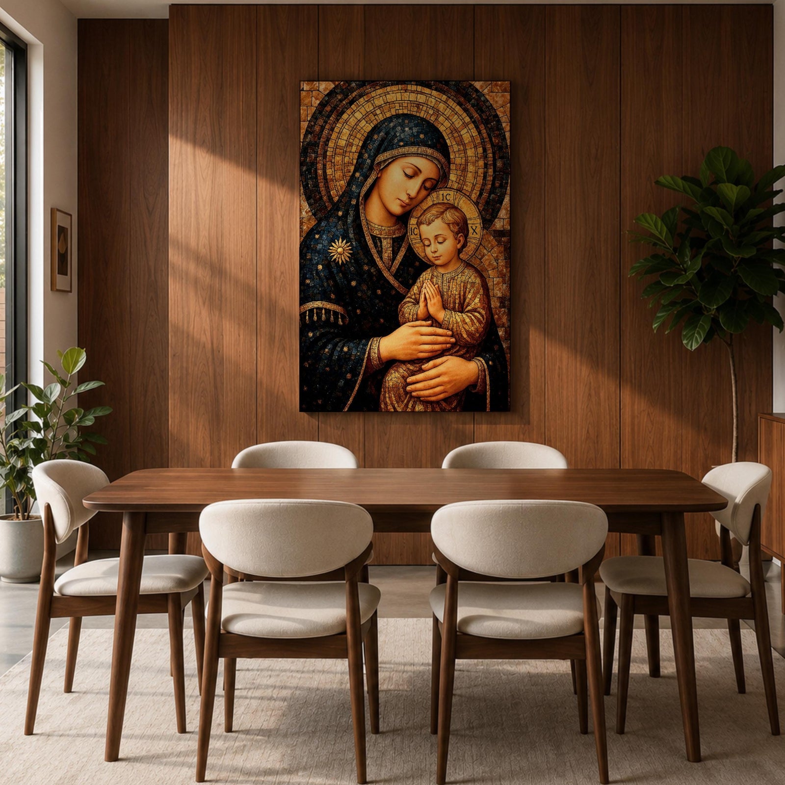 Byzantine style mosaic painting of the Virgin Mary holding the child Jesus, both with heads gently inclined and halos behind them, the child shown with hands clasped in prayer while Mary supports him, rendered with golden mosaic tiles and rich dark blue garments in a traditional Christian icon composition.