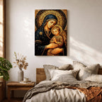 Byzantine style mosaic painting of the Virgin Mary holding the child Jesus, both with heads gently inclined and halos behind them, the child shown with hands clasped in prayer while Mary supports him, rendered with golden mosaic tiles and rich dark blue garments in a traditional Christian icon composition.