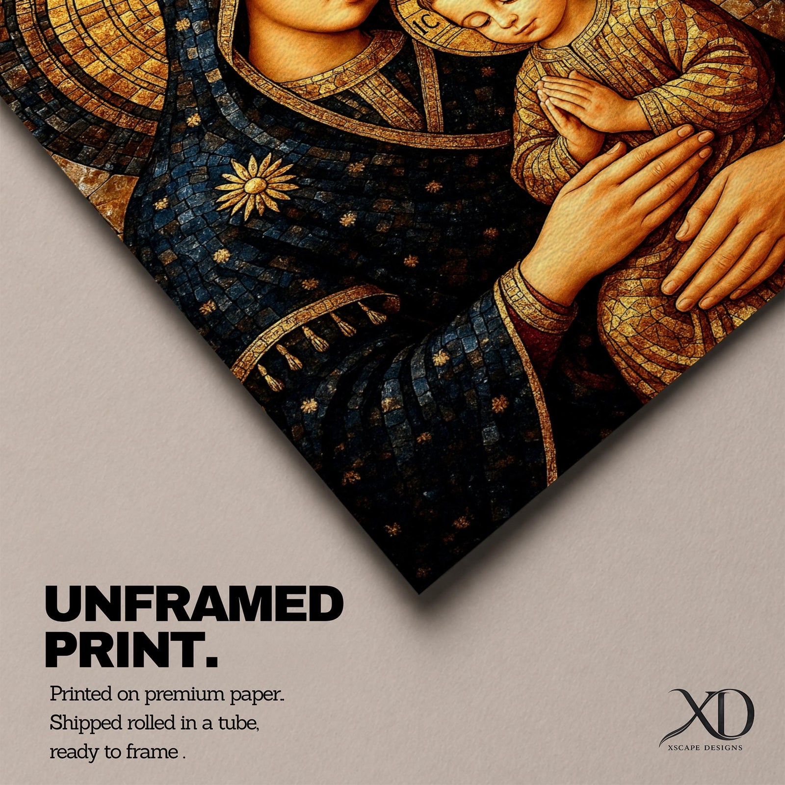 Byzantine style mosaic painting of the Virgin Mary holding the child Jesus, both with heads gently inclined and halos behind them, the child shown with hands clasped in prayer while Mary supports him, rendered with golden mosaic tiles and rich dark blue garments in a traditional Christian icon composition.