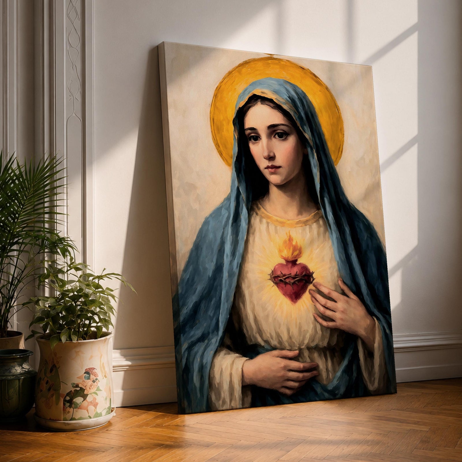 Painting of the Virgin Mary depicting the Immaculate Heart glowing on her chest crowned with thorns and flame, Mary wearing a blue veil and soft robe with a golden halo behind her head, rendered in a vintage Catholic icon style with warm tones and a centered devotional Marian composition.