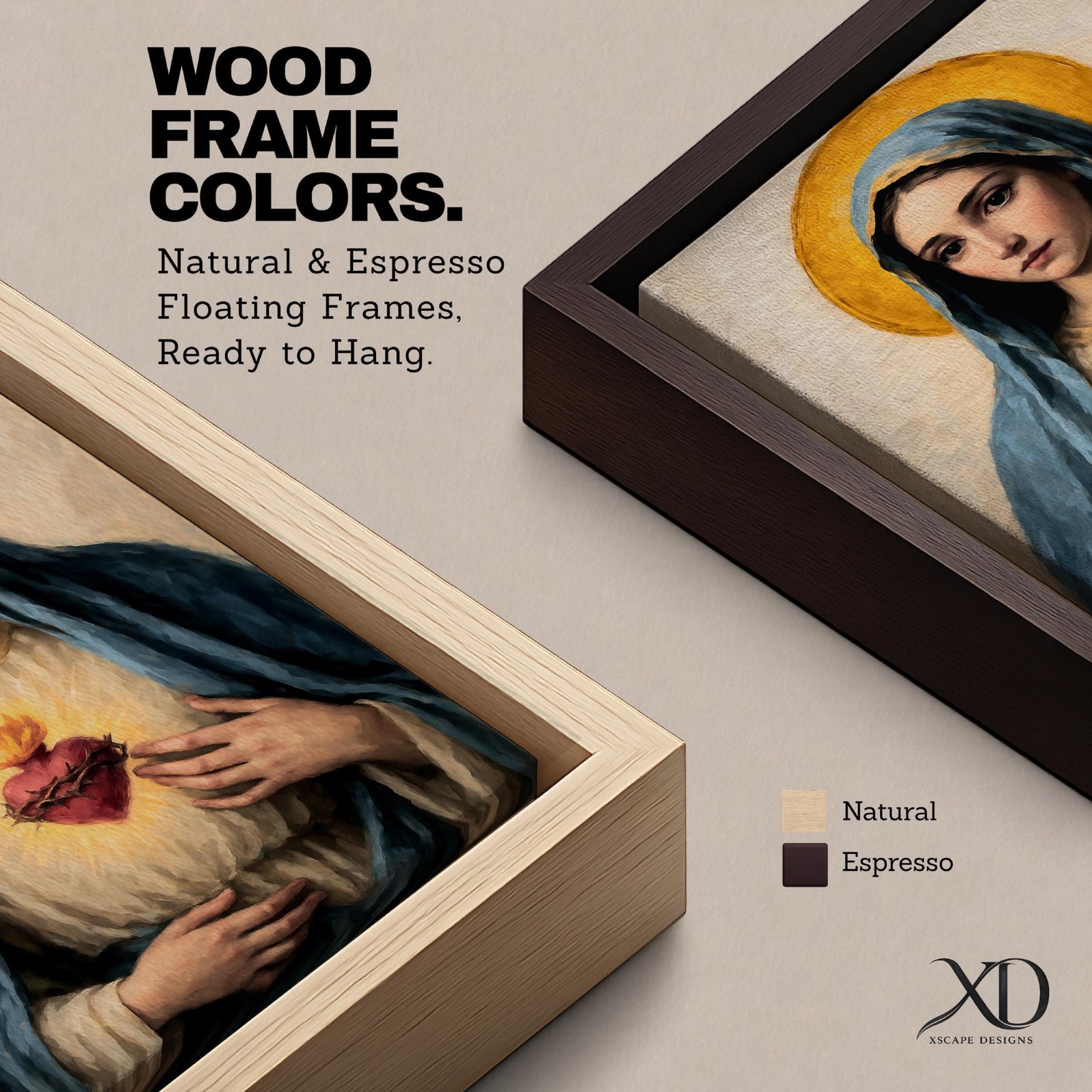 Painting of the Virgin Mary depicting the Immaculate Heart glowing on her chest crowned with thorns and flame, Mary wearing a blue veil and soft robe with a golden halo behind her head, rendered in a vintage Catholic icon style with warm tones and a centered devotional Marian composition.