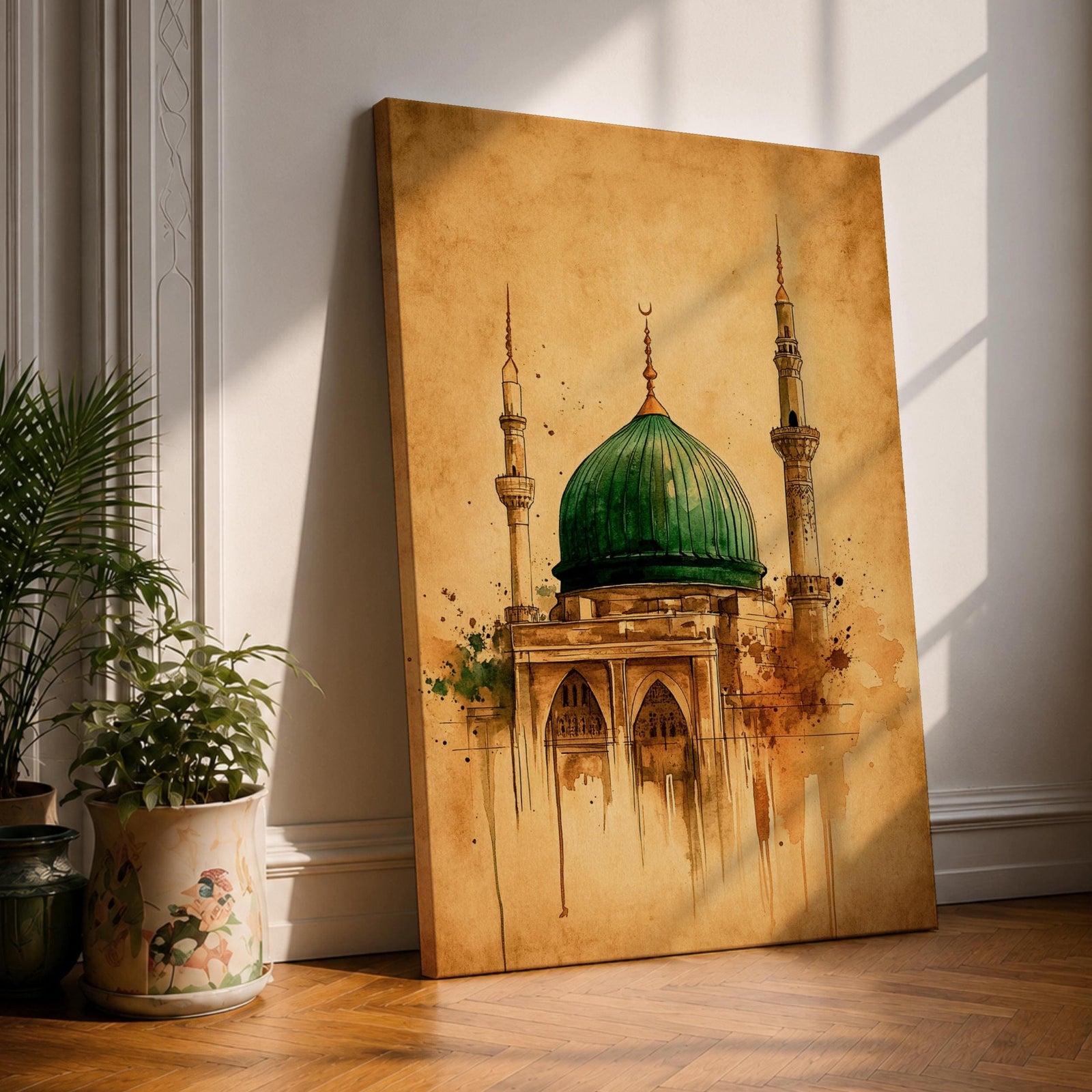 Watercolor illustration of Masjid Nabawi in Medina featuring the iconic green dome and two slender minarets rising above the mosque structure, rendered with soft washes and expressive ink splashes on an aged parchment background that highlights the architectural arches and sacred Islamic landmark.