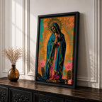 Artwork of Our Lady of Guadalupe standing in prayer with hands clasped and head bowed, wearing a star covered blue mantle and rose colored gown, surrounded by radiant golden rays with stylized flowers near the base, rendered in a vibrant devotional Marian composition inspired by traditional Guadalupe imagery.