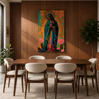 Artwork of Our Lady of Guadalupe standing in prayer with hands clasped and head bowed, wearing a star covered blue mantle and rose colored gown, surrounded by radiant golden rays with stylized flowers near the base, rendered in a vibrant devotional Marian composition inspired by traditional Guadalupe imagery.