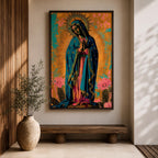 Artwork of Our Lady of Guadalupe standing in prayer with hands clasped and head bowed, wearing a star covered blue mantle and rose colored gown, surrounded by radiant golden rays with stylized flowers near the base, rendered in a vibrant devotional Marian composition inspired by traditional Guadalupe imagery.