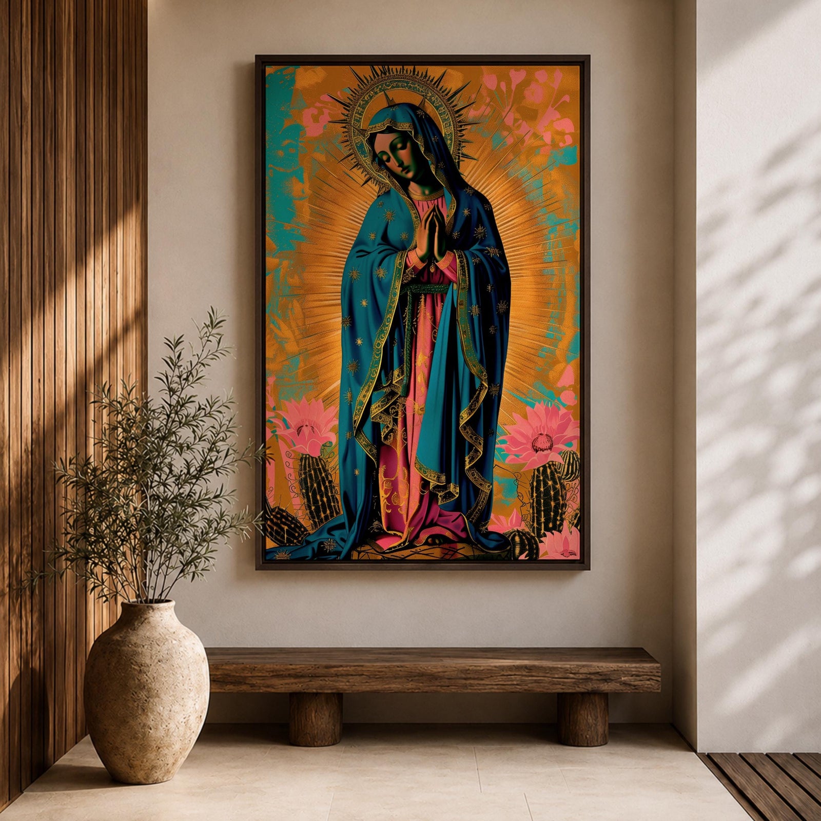 Artwork of Our Lady of Guadalupe standing in prayer with hands clasped and head bowed, wearing a star covered blue mantle and rose colored gown, surrounded by radiant golden rays with stylized flowers near the base, rendered in a vibrant devotional Marian composition inspired by traditional Guadalupe imagery.