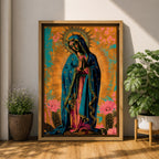 Artwork of Our Lady of Guadalupe standing in prayer with hands clasped and head bowed, wearing a star covered blue mantle and rose colored gown, surrounded by radiant golden rays with stylized flowers near the base, rendered in a vibrant devotional Marian composition inspired by traditional Guadalupe imagery.