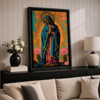 Artwork of Our Lady of Guadalupe standing in prayer with hands clasped and head bowed, wearing a star covered blue mantle and rose colored gown, surrounded by radiant golden rays with stylized flowers near the base, rendered in a vibrant devotional Marian composition inspired by traditional Guadalupe imagery.