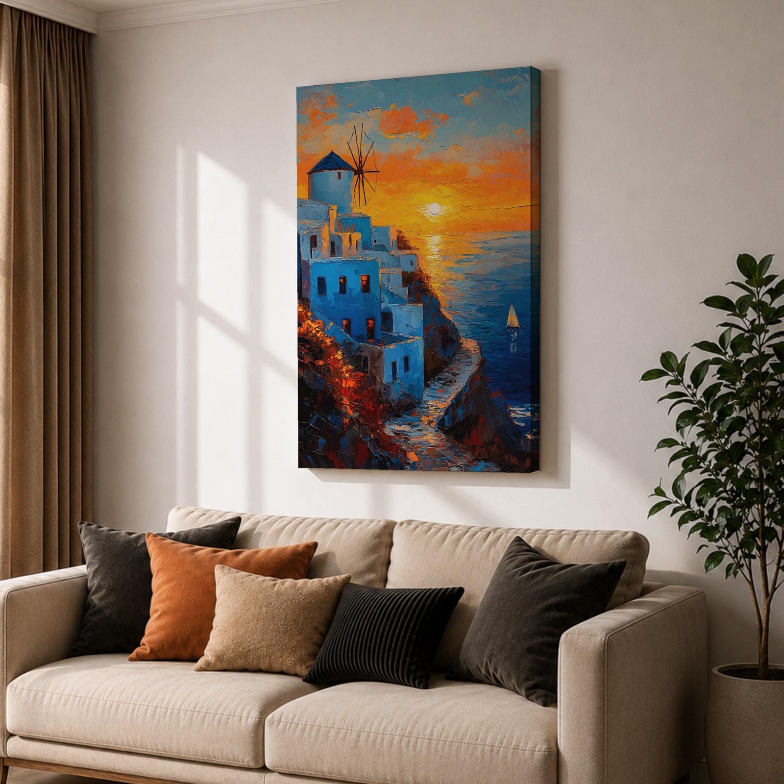 An impasto style framed canvas painting depicting a Santorini sunset over whitewashed buildings with a windmill on a cliffside overlooking the sea. The vibrant sunset sky reflects on the water with a small sailboat visible, capturing a Mediterranean coastal landscape scene with textured brushstrokes.