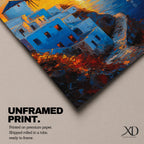 An impasto style framed canvas painting depicting a Santorini sunset over whitewashed buildings with a windmill on a cliffside overlooking the sea. The vibrant sunset sky reflects on the water with a small sailboat visible, capturing a Mediterranean coastal landscape scene with textured brushstrokes.
