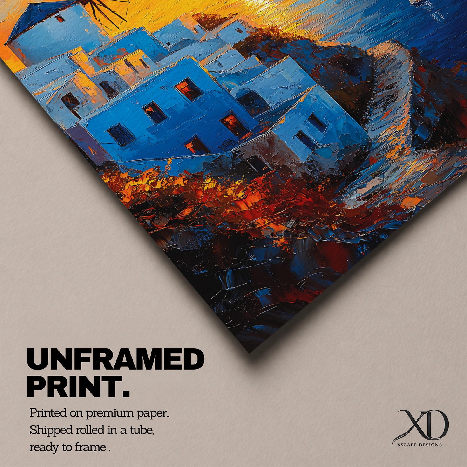 An impasto style framed canvas painting depicting a Santorini sunset over whitewashed buildings with a windmill on a cliffside overlooking the sea. The vibrant sunset sky reflects on the water with a small sailboat visible, capturing a Mediterranean coastal landscape scene with textured brushstrokes.