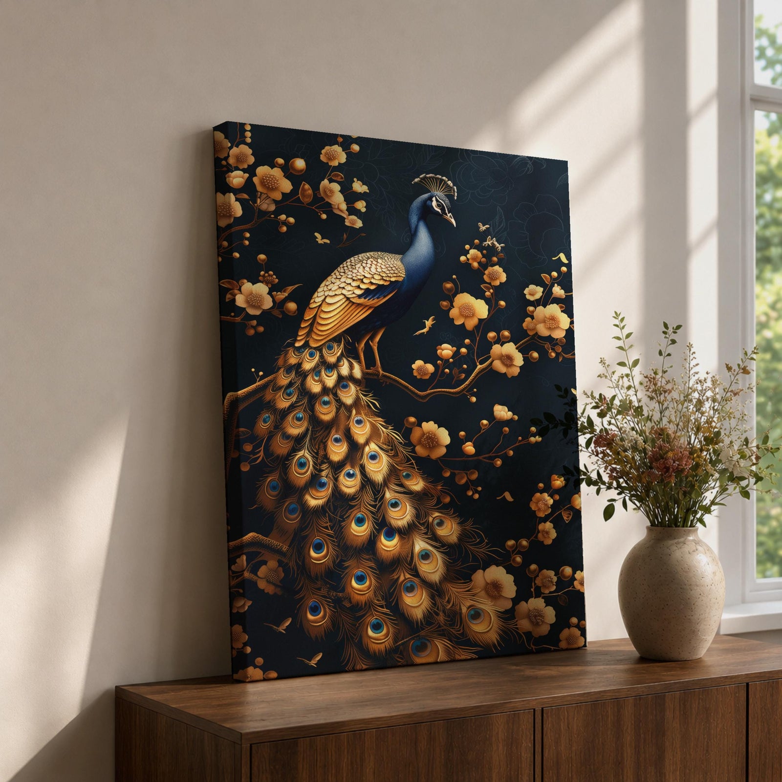 Peacock Bird Wall Art Royal Golden Tail Feather Nature Gift Living Room Home Decor