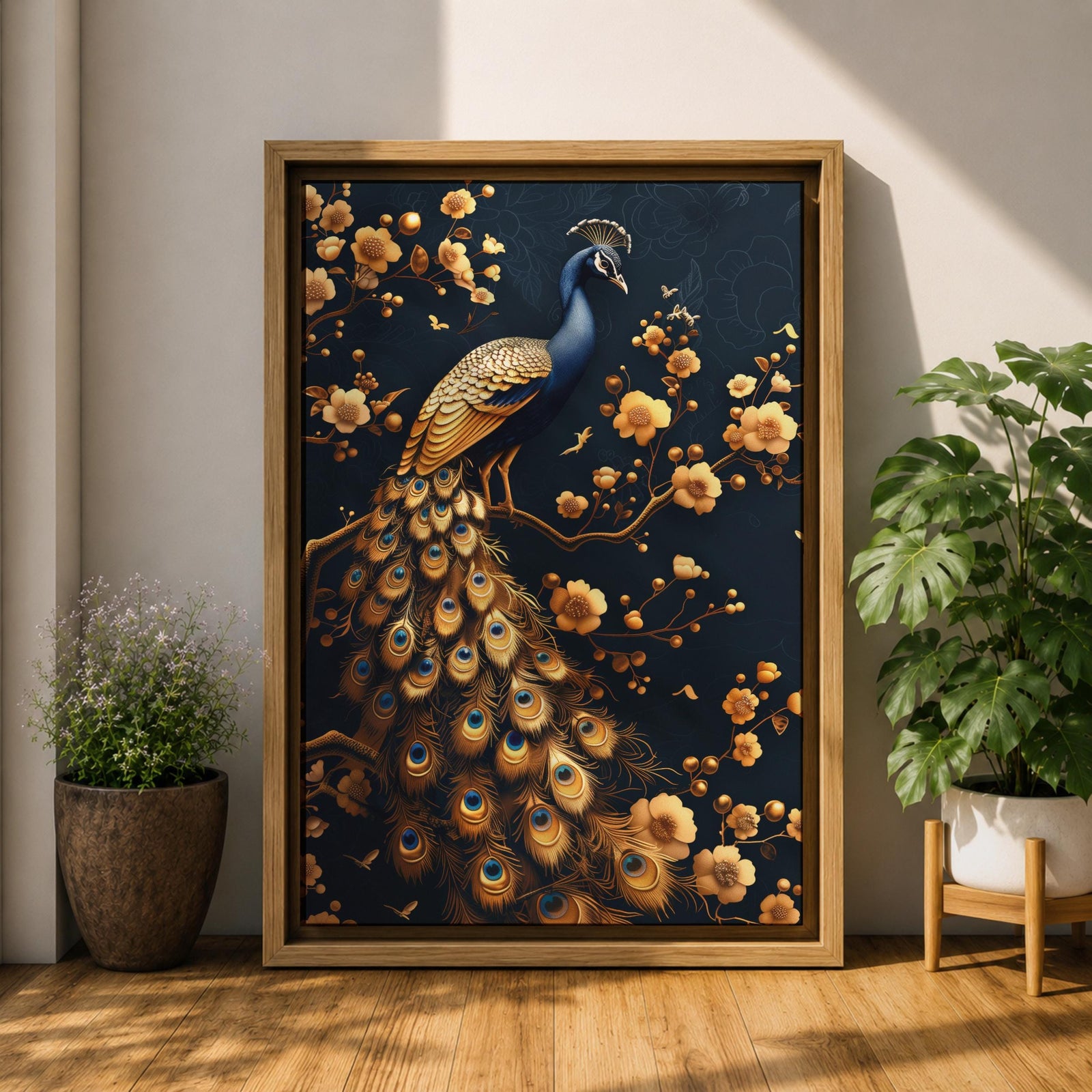 Peacock Bird Wall Art Royal Golden Tail Feather Nature Gift Living Room Home Decor