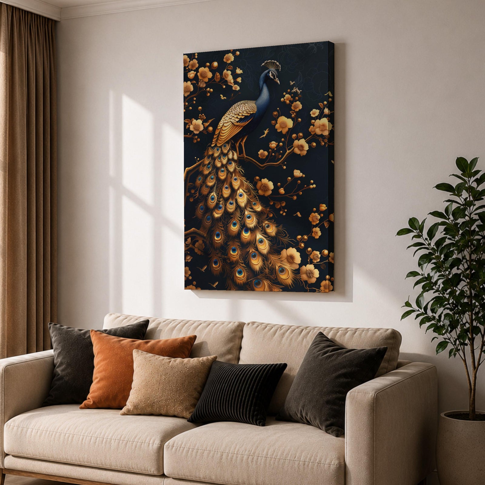 Peacock Bird Wall Art Royal Golden Tail Feather Nature Gift Living Room Home Decor
