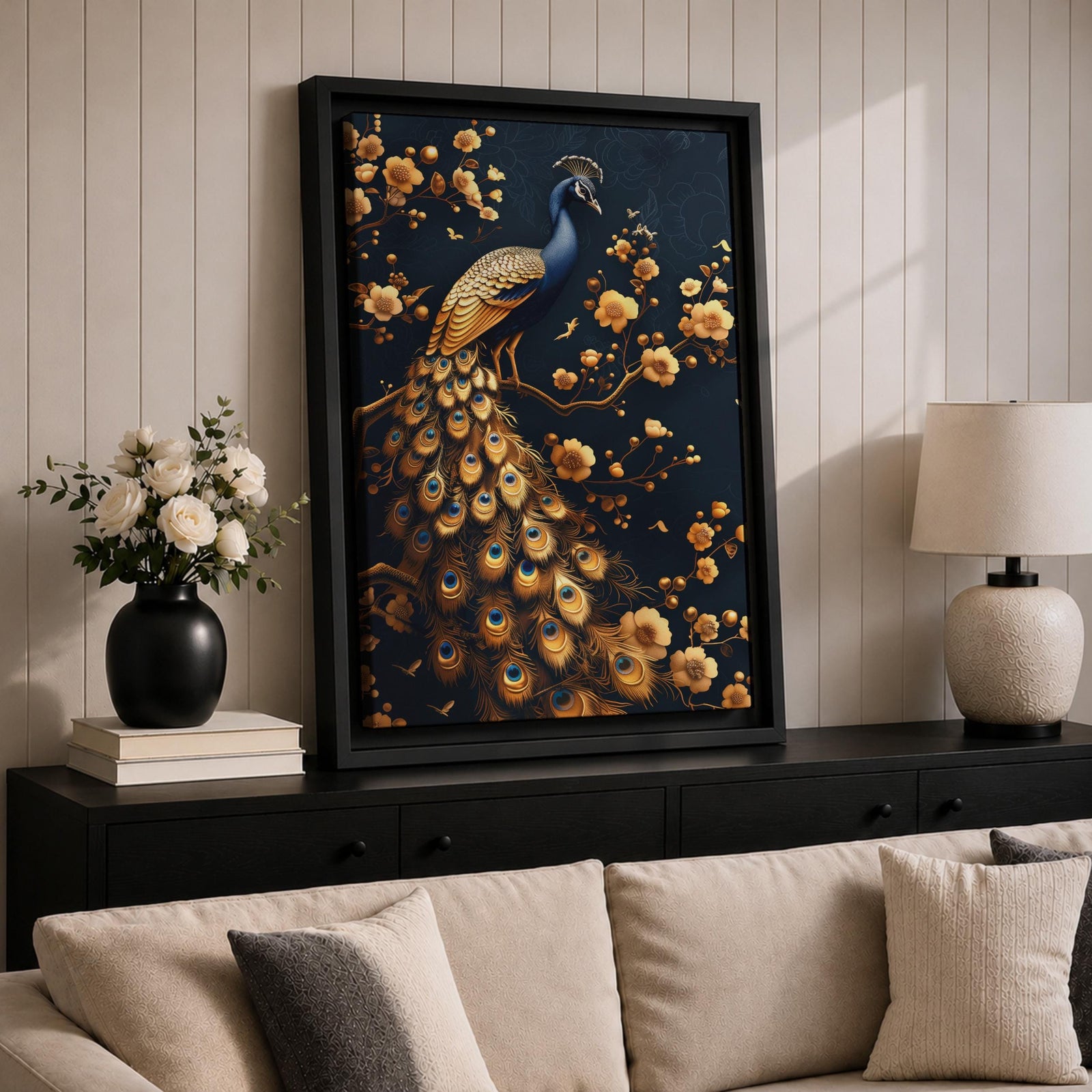Peacock Bird Wall Art Royal Golden Tail Feather Nature Gift Living Room Home Decor