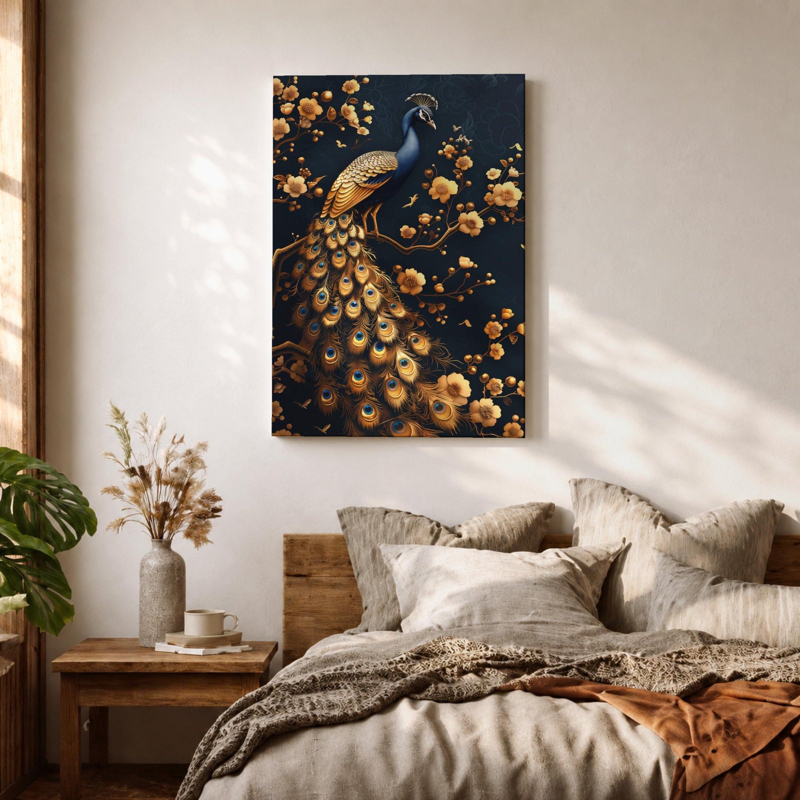 Peacock Bird Wall Art Royal Golden Tail Feather Nature Gift Living Room Home Decor