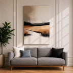 This artwork features an abstract landscape with a rustic seascape theme, showcasing textured brush strokes and a muted color palette. The composition highlights open fields and distant hills blending into a calm water body, rendered with an abstract style that emphasizes form and texture over detail.
