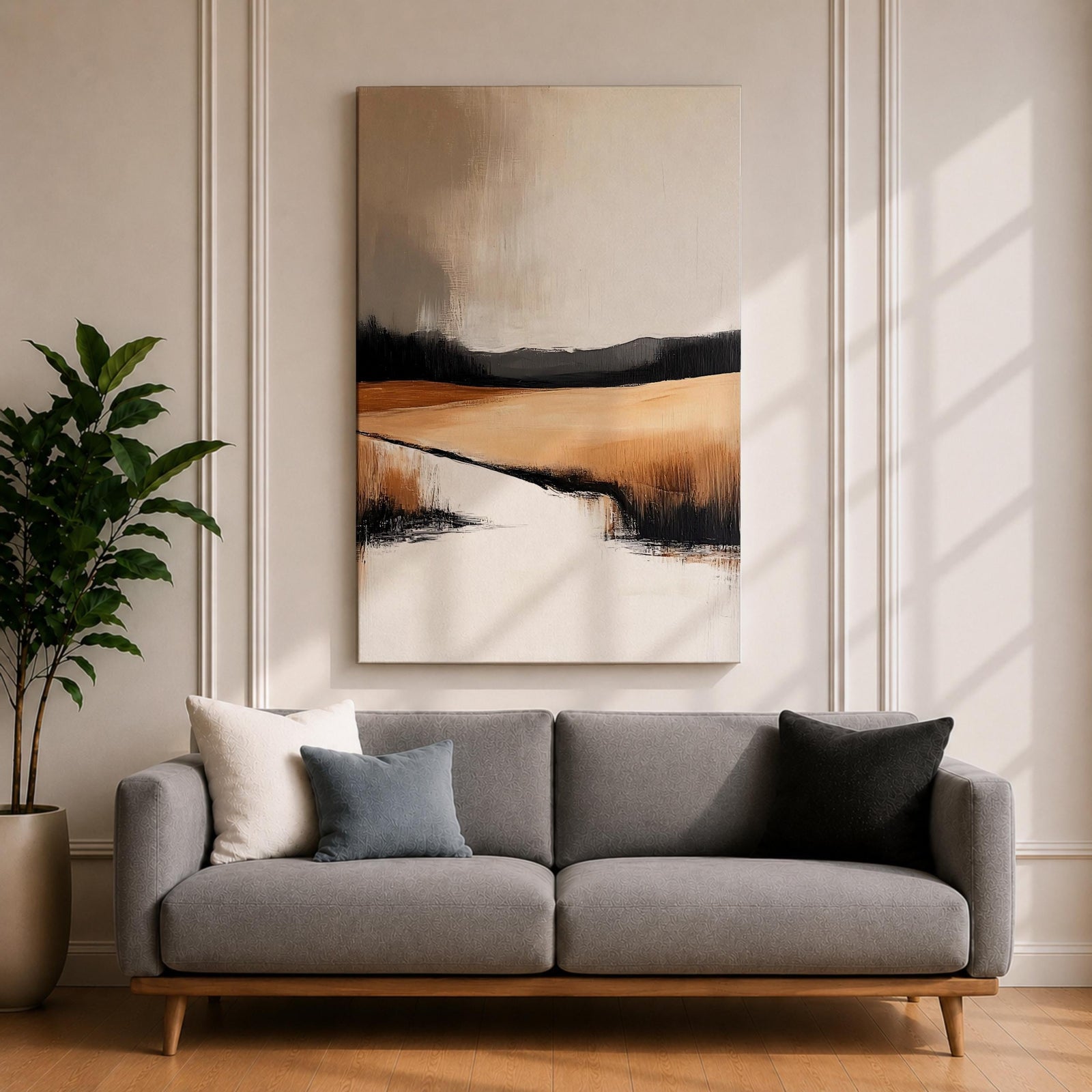 This artwork features an abstract landscape with a rustic seascape theme, showcasing textured brush strokes and a muted color palette. The composition highlights open fields and distant hills blending into a calm water body, rendered with an abstract style that emphasizes form and texture over detail.