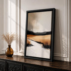 This artwork features an abstract landscape with a rustic seascape theme, showcasing textured brush strokes and a muted color palette. The composition highlights open fields and distant hills blending into a calm water body, rendered with an abstract style that emphasizes form and texture over detail.
