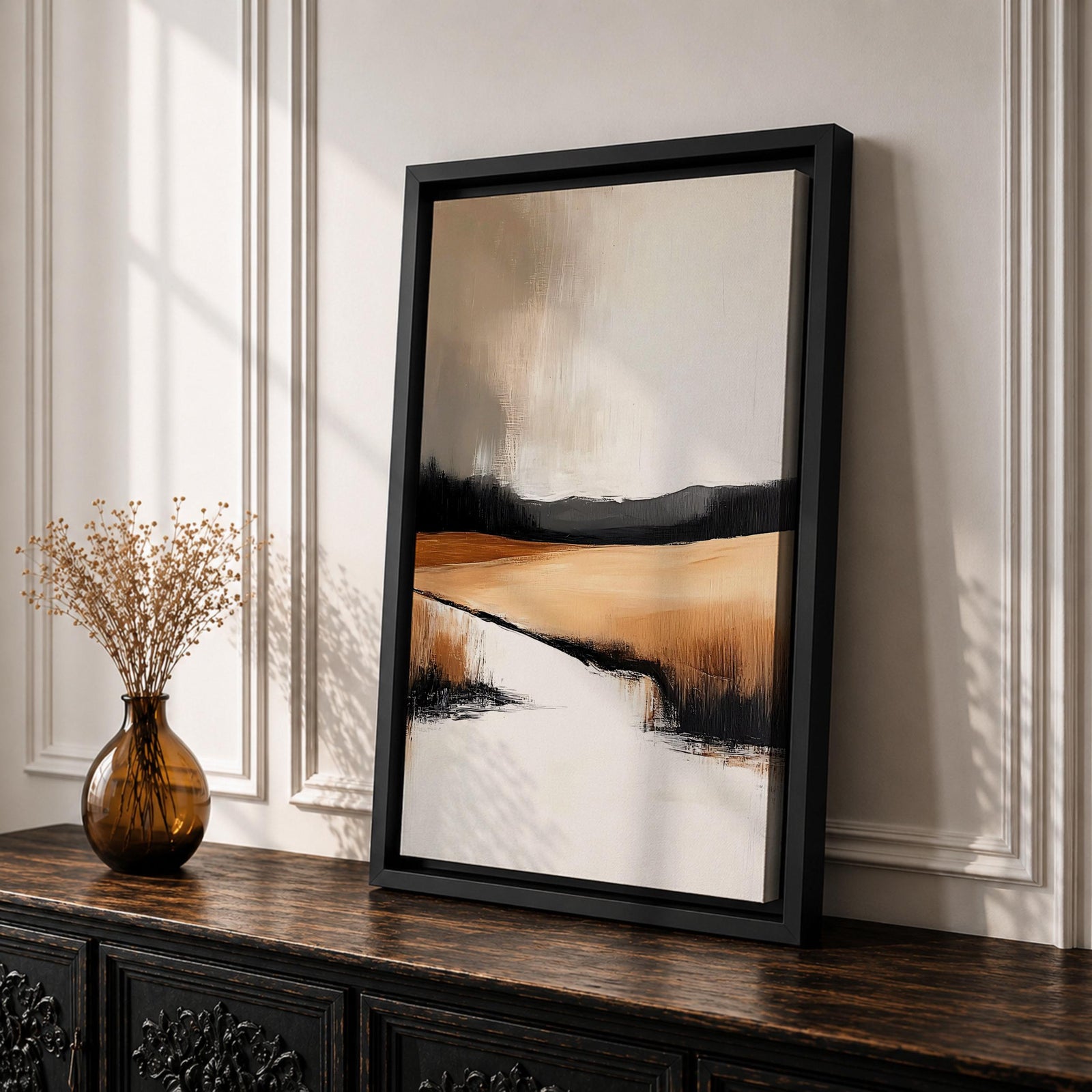 This artwork features an abstract landscape with a rustic seascape theme, showcasing textured brush strokes and a muted color palette. The composition highlights open fields and distant hills blending into a calm water body, rendered with an abstract style that emphasizes form and texture over detail.