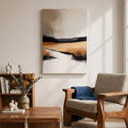 This artwork features an abstract landscape with a rustic seascape theme, showcasing textured brush strokes and a muted color palette. The composition highlights open fields and distant hills blending into a calm water body, rendered with an abstract style that emphasizes form and texture over detail.
