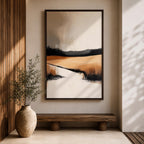 This artwork features an abstract landscape with a rustic seascape theme, showcasing textured brush strokes and a muted color palette. The composition highlights open fields and distant hills blending into a calm water body, rendered with an abstract style that emphasizes form and texture over detail.