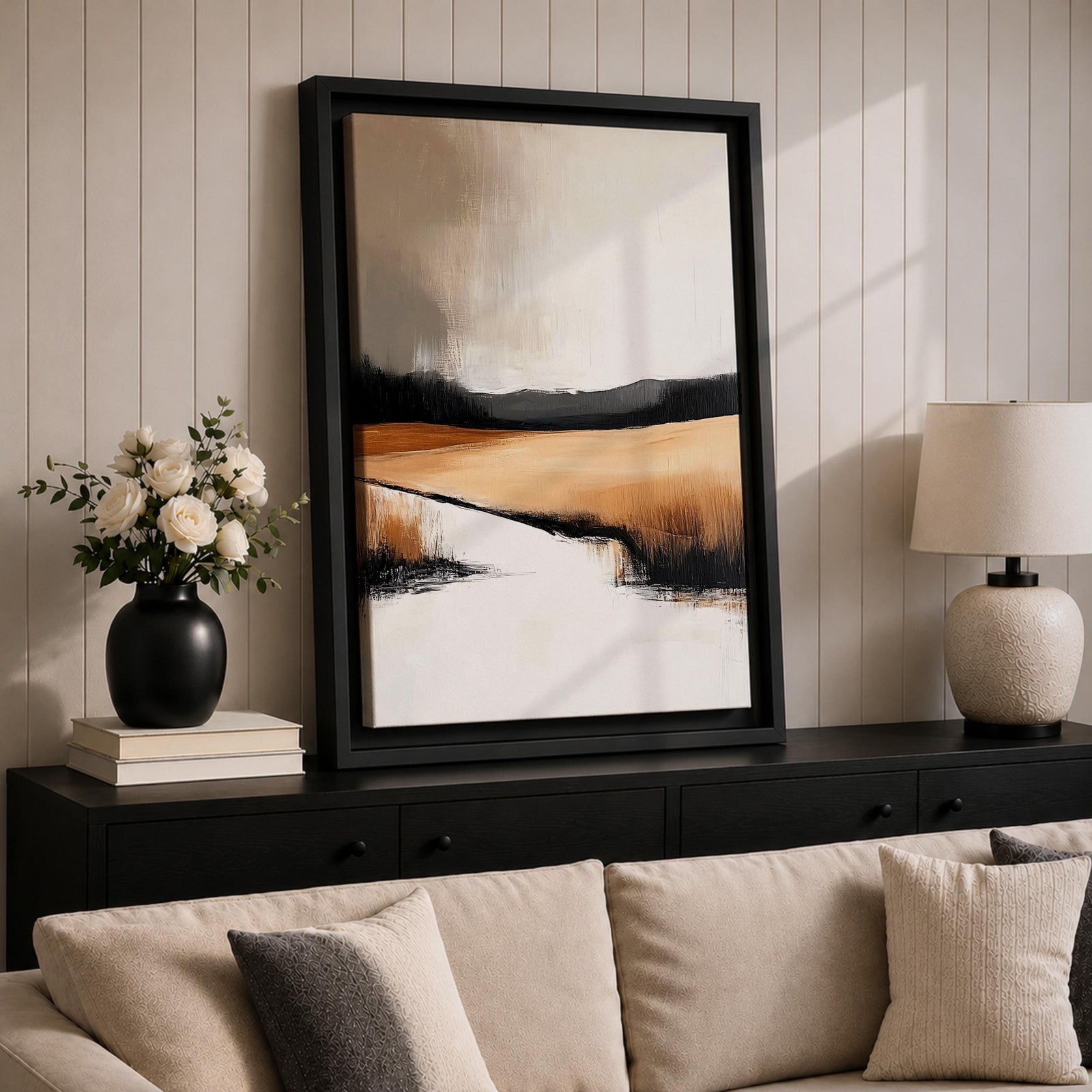 This artwork features an abstract landscape with a rustic seascape theme, showcasing textured brush strokes and a muted color palette. The composition highlights open fields and distant hills blending into a calm water body, rendered with an abstract style that emphasizes form and texture over detail.