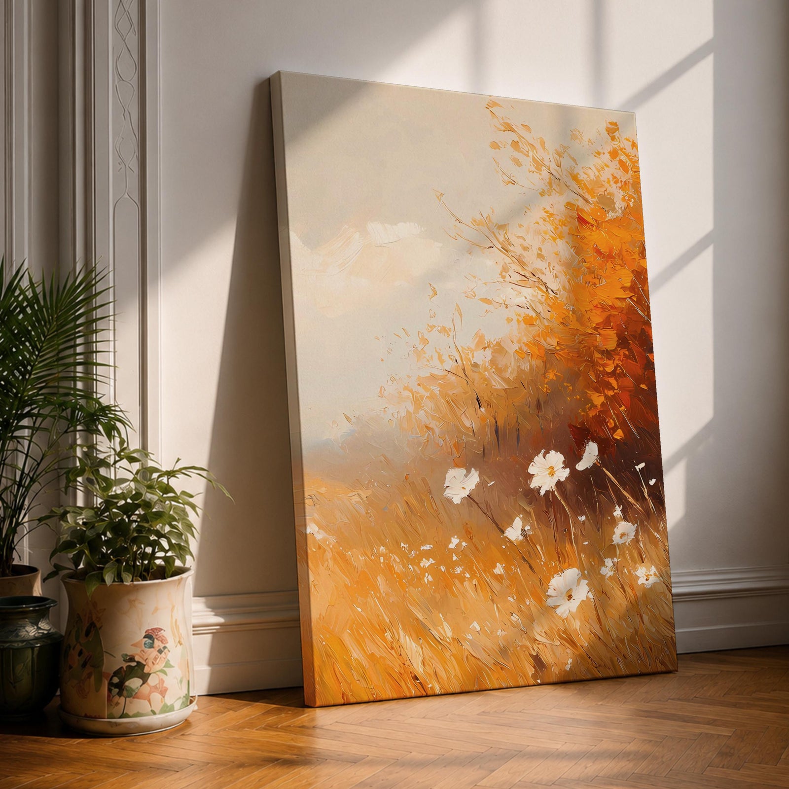 A vintage-style framed canvas depicting autumn wildflowers with white petals and golden foliage in an impressionistic, rustic floral composition. The artwork features textured brushstrokes and warm tones evoking a cozy cottagecore aesthetic.