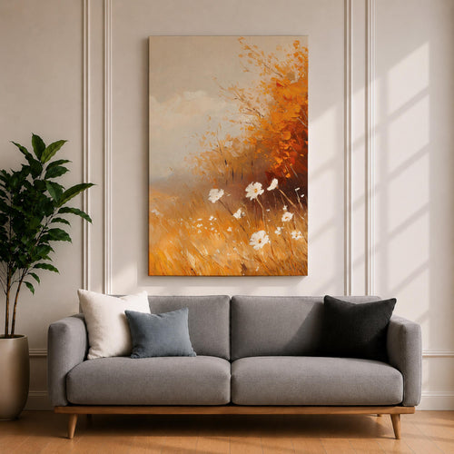 A vintage-style framed canvas depicting autumn wildflowers with white petals and golden foliage in an impressionistic, rustic floral composition. The artwork features textured brushstrokes and warm tones evoking a cozy cottagecore aesthetic.