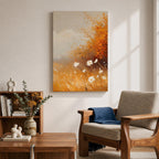 A vintage-style framed canvas depicting autumn wildflowers with white petals and golden foliage in an impressionistic, rustic floral composition. The artwork features textured brushstrokes and warm tones evoking a cozy cottagecore aesthetic.