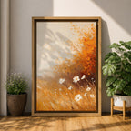 A vintage-style framed canvas depicting autumn wildflowers with white petals and golden foliage in an impressionistic, rustic floral composition. The artwork features textured brushstrokes and warm tones evoking a cozy cottagecore aesthetic.