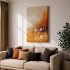 A vintage-style framed canvas depicting autumn wildflowers with white petals and golden foliage in an impressionistic, rustic floral composition. The artwork features textured brushstrokes and warm tones evoking a cozy cottagecore aesthetic.