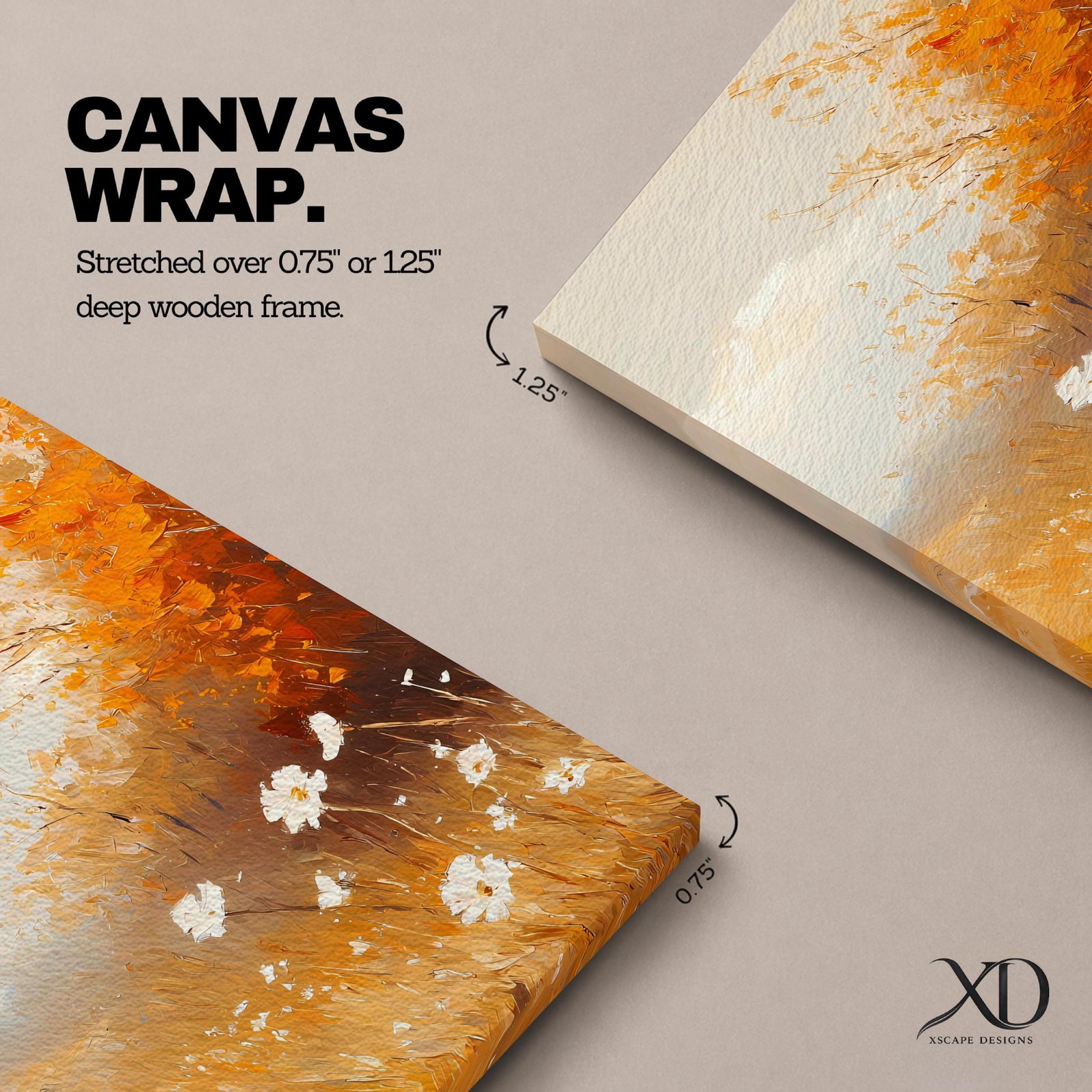 A vintage-style framed canvas depicting autumn wildflowers with white petals and golden foliage in an impressionistic, rustic floral composition. The artwork features textured brushstrokes and warm tones evoking a cozy cottagecore aesthetic.