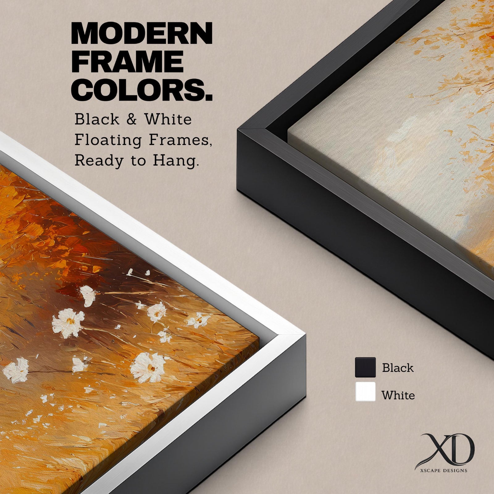A vintage-style framed canvas depicting autumn wildflowers with white petals and golden foliage in an impressionistic, rustic floral composition. The artwork features textured brushstrokes and warm tones evoking a cozy cottagecore aesthetic.